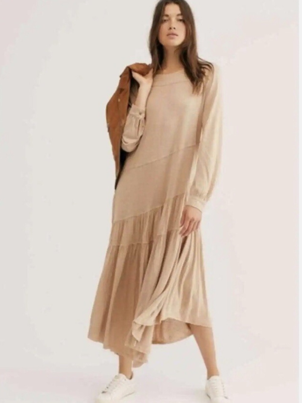 Free People Asymmetrical Tiered Midi Dress in Beige / fits generous